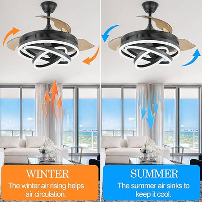 42" Retractable Ceiling Fan with Lights & Remote - Silent DC Motor Modern Ceiling Fan - 6 Speed LED Fan for Bedroom living room Kitchen