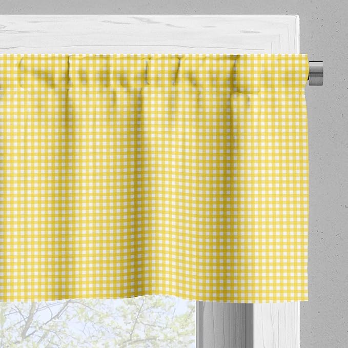 Ambesonne Checkered Valance & Tier Curtain 3 pcs Set, Classic English Pattern in Yellow Picnic in Summertime Theme Retro Striped, Window Treatments for Kitchen Room Decor, 55" x 36", Yellow White