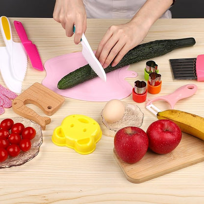 15pcs Montessori Kitchen Tools, Kids Chef Knife Set with Vegetable Cutting Board, Gloves, Fruit Peeler, Crinkle Cutter Serrated Edges Children Cooking Set Real Cooking Supplies for Toddlers