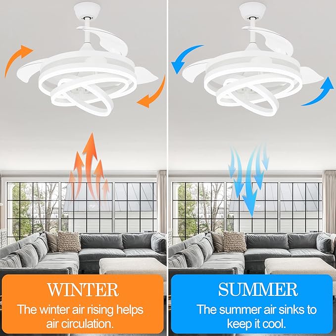 42" Retractable Ceiling Fan with Lights & Remote - Silent DC Motor Modern Ceiling Fan - 6 Speed LED Fan for Bedroom Living Room Kitchen