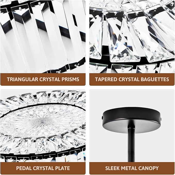 VONLUCE Crystal Ceiling Light Fixture, Modern Semi Flush Mount Ceiling Light, 15" Round 4-Light Crystal Chandelier Hallway Lighting for Kitchen Bedroom Living Room Dining Room Entryway Closet, Black