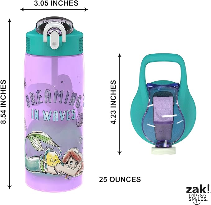 Zak Designs Disney Princess Kids Water Bottle For School or Travel, 25 oz Durable Plastic Water Bottle With Straw, Handle, and Leak-Proof, Pop-Up Spout Cover (Ariel, Moana)