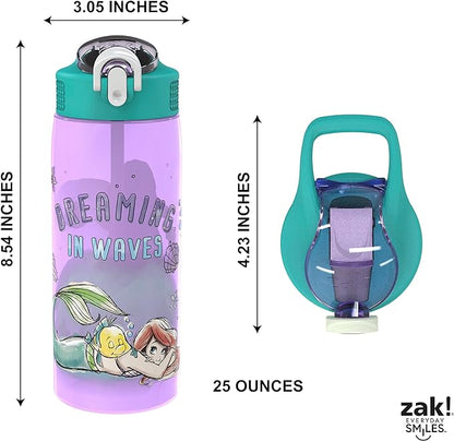 Zak Designs Disney Princess Kids Water Bottle For School or Travel, 25 oz Durable Plastic Water Bottle With Straw, Handle, and Leak-Proof, Pop-Up Spout Cover (Ariel, Moana)