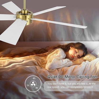 54" Ceiling Fan with Light and Remote Control, Modern Dimmable LED Light, 6-Speed Noiseless Reversible DC Motor, 5 Plywood Ceiling Fan for Kitchen Bedroom Living Room White/Gold