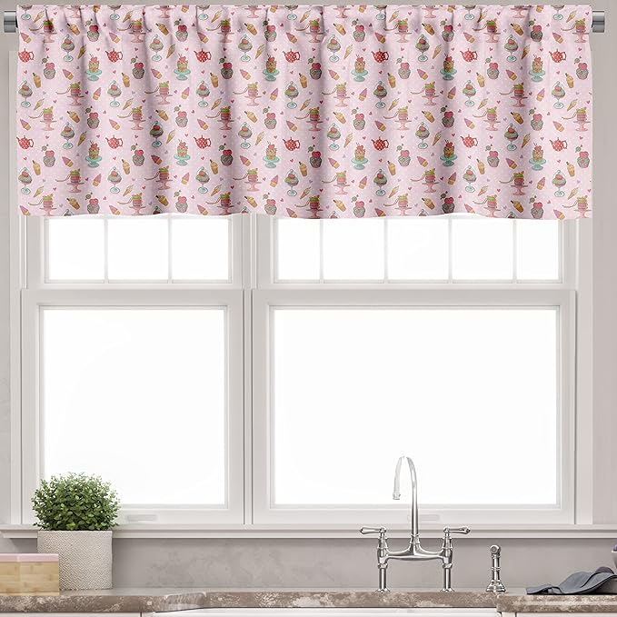 Ambesonne Ice Cream Valance & Tier Curtain 3 pcs Set, Retro Style Cupcakes Teapots Candies Cookies on Polka Dots Vintage Kitchen Print, Window Treatments for Kitchen Room Decor, 55" x 30", Pastel Pink