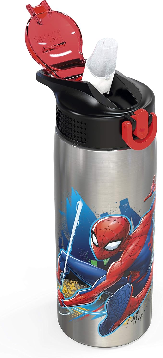 Zak Designs 27oz Marvel 18/8 Single Wall Stainless Steel Water Bottle with Flip-up Straw and Locking Spout Cover, Durable Cup for Sports or Travel (27oz, Spider-Man)