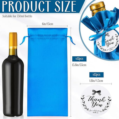 12 Pcs Satin Wine Bags Wine Gift Bags with Drawstrings & Tags, Wine Bottle Bags Reusable Wine Bottle Covers for Christmas, Wedding, Birthday, Travel, Holiday Party, Housewarming, Home Storage (Blue)