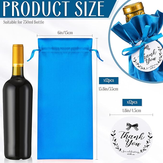 12 Pcs Satin Wine Bags Wine Gift Bags with Drawstrings & Tags, Wine Bottle Bags Reusable Wine Bottle Covers for Christmas, Wedding, Birthday, Travel, Holiday Party, Housewarming, Home Storage (Blue)