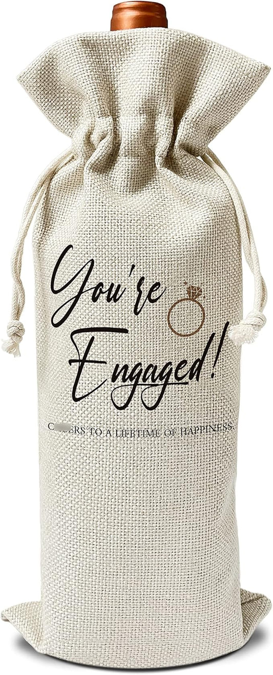 Zodvery Engagement Wine Gift Bags - for Wedding Gift, Couple Gift - Reusable Burlap With Drawstring Gift Bag (5.5"x 13.5")-1 Pcs/jiu049