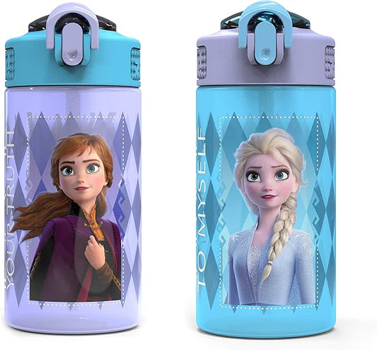 Zak Designs Disney Frozen 2 Kids Water Bottle Set with Reusable Straws and Built in Carrying Loops, Made of Plastic, Leak-Proof Designs 16 oz, BPA-Free, 2pc Set, Elsa & Anna (Frozen 2)