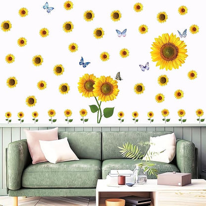 Sunflower Wall Stickers with 3D Butterfly Removable Yellow Flower Wall Decals Waterproof Sunflower Decor Mural for Nursery Baby Kids Bedroom Living Room Bathroom Kitchen Decoration (73 Pcs Yellow)