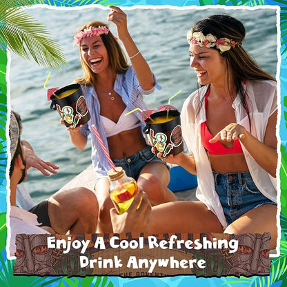 12 Pcs 32 oz Plastic Tiki Cocktail Rum Buckets for Drinks Beverage Tub Beer Bucket Drink Tubs for Luau Parties Ice Buckets with 100 Pcs Color Mixed Straws and 200 Pcs Hawaii Doodle Stickers