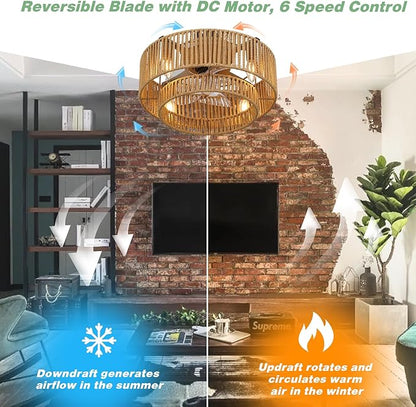 17'' Boho Caged Ceiling Fan with Lights and Remote, Layered Rattan Enclosed Ceiling Fan with 6 Speeds Reversible Motor, Bohemian Flush Mount Fandelier for Bedroom/Nursery/Living Room/Kitchen, Gold