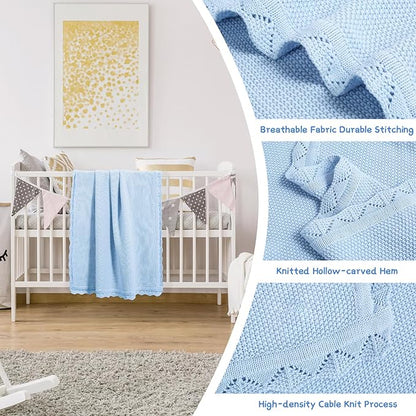 100% Cotton Baby Blanket Knit Lace Soft Warm Toddler Blanket,30 x 40 Inches，Sky Blue