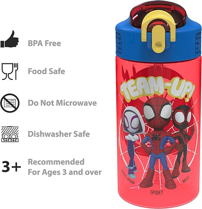 Zak Designs Marvel Spider-Man Kids Water Bottle with Spout Cover and Carrying Loop, Durable Plastic, Leak-Proof Design for Travel (16 oz, 2-Pack, Spidey and His Amazing Friends)