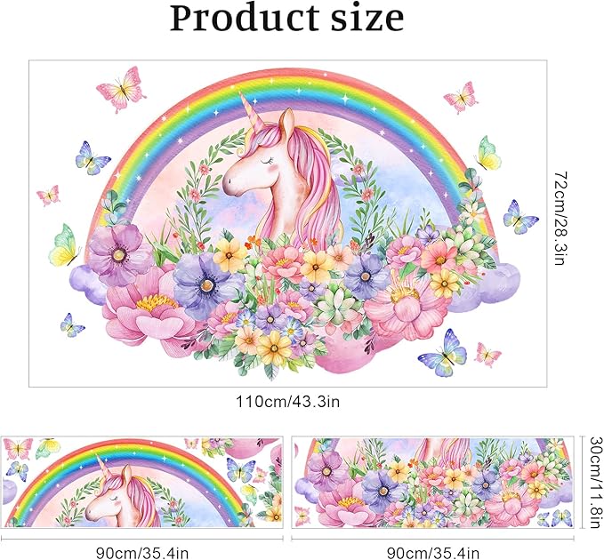 Rainbow Unicorn Wall Decals, Bouquets Flowers Butterflies Wall Stickers Removable Creative Self Adhesive Wall Art Sticker Home Decor for Girls Baby Nursery Kids Room Living Room