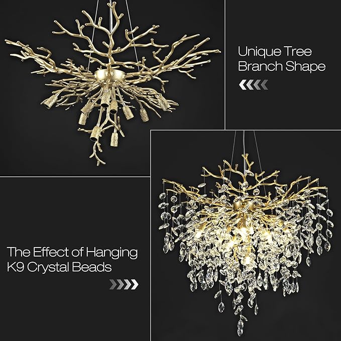 32 inch Crystal Chandelier for Dining Room, Round Gold Tree Branches Chandeliers, Top K9 Crystal Chandelier, Modern Chandeliers for Kitchen,Foyer Entryway,Luxury Adjustable Hanging Chandelier