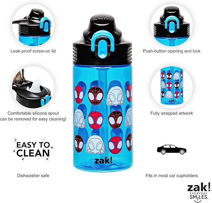 Zak Designs Sage Marvel Spider-Man Water Bottle For School or Travel, 16oz Durable Plastic Water Bottle With Straw, Handle, and Leak-Proof, Pop-Up Spout Cover (Spidey and His Amazing Friends)