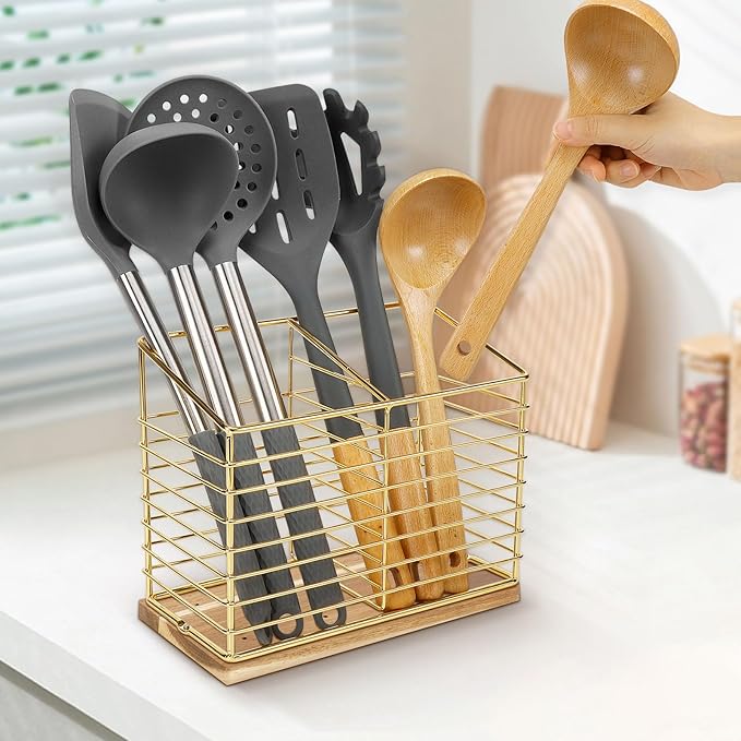 Utensil Holder for Kitchen Counter, Metal Utensil Holder Rack for Kitchen Countertop, Cooking Tools Storage for Spatula, Utensil Organizer with Sturdy Base, and Drainage Hole (Gold Wooden)