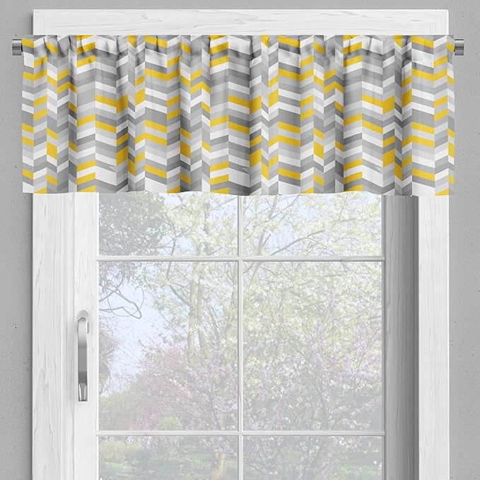 Ambesonne Grey and Yellow Valance & Tier Curtain 3 pcs Set, Geometric Vintage 60s Home Pattern Inspired Herringbone Zig Zag Lines, Window Treatments for Kitchen Room Decor, 55" x 24", Yellow Grey