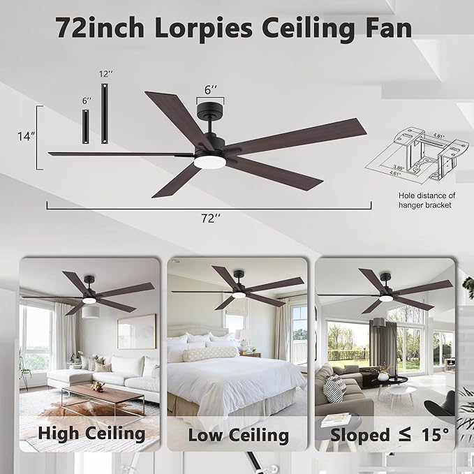 72” Large Smart Ceiling Fan with Lights Remote,Silent DC Motor,Control via WIFI Alexa Google App,Outdoor Indoor Modern Ceiling Fans for Living Room Kitchen Patio,Dimmable,5 Blades in Black&Walnut