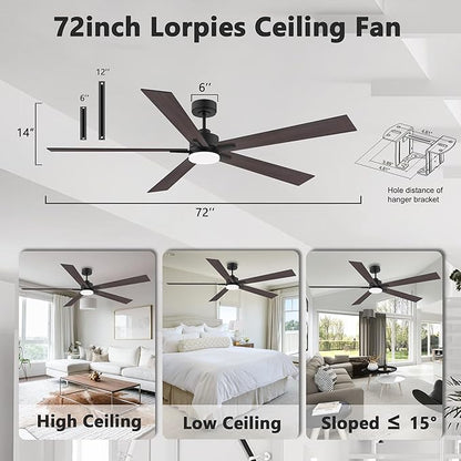 72” Large Smart Ceiling Fan with Lights Remote,Silent DC Motor,Control via WIFI Alexa Google App,Outdoor Indoor Modern Ceiling Fans for Living Room Kitchen Patio,Dimmable,5 Blades in Black&Walnut