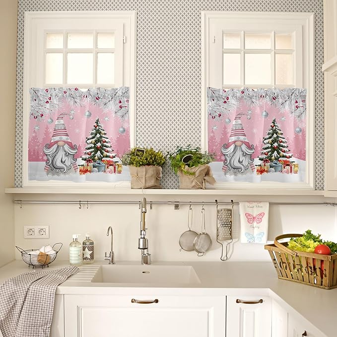 Vandarllin Christmas Gnome Kitchen Curtains and Valances Set, Winter Merry Christmas Tree Balls Windows Treatments Tiers Half/Short Curtains for Small Windows Cafe/Living Room/Bedroom 54x24 in Pink