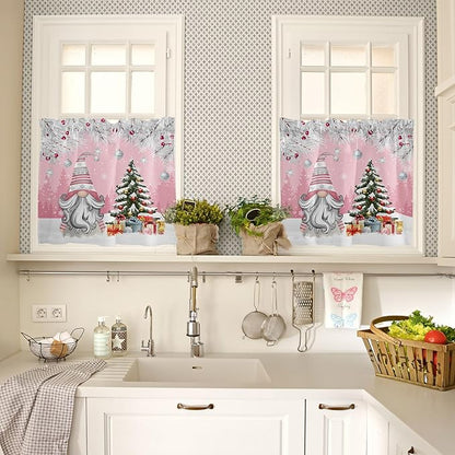 Vandarllin Christmas Gnome Kitchen Curtains and Valances Set, Winter Merry Christmas Tree Balls Windows Treatments Tiers Half/Short Curtains for Small Windows Cafe/Living Room/Bedroom 54x24 in Pink