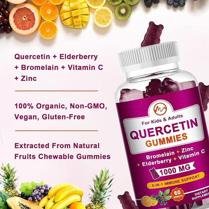 (2 Pack) Quercetin Gummies with Bromelain, Elderberry, Zinc and Vitamin C - Chewable Quercetin 1000 mg Supplement for Immunity, Cardiovascular, Allergy, Aging Support - Vegan Gummies for Adult & Kid