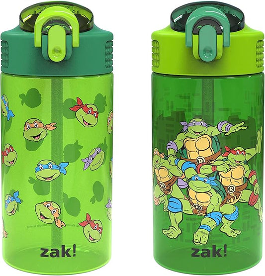 Zak Designs Teenage Mutant Ninja Turtles Kids Water Bottle For School or Travel, 16oz 2 Count (Pack of 1) Durable Plastic Water Bottle With Straw, Handle, and Leak-Proof, Pop-Up Spout Cover (TMNT)