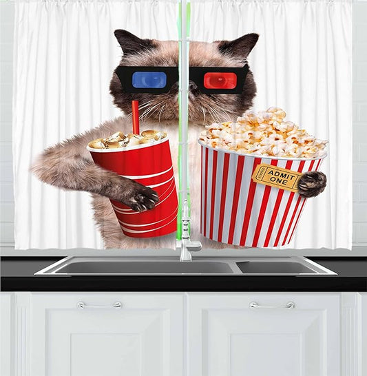 Ambesonne Movie Theater Kitchen Curtains, Cat with Popcorn and Drink Watching Movie Glasses Entertainment Cinema Fun, Window Drapes 2 Panel Set for Kitchen Cafe Decor, 55" x 36", Cream Red