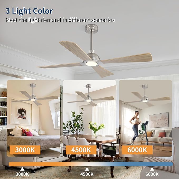 WINGBO 56 Inch DC Ceiling Fan with Lights and Remote, 4 Solid Wood Blades, 3CCT, 6-Speeds Reversible DC Motor, Modern Ceiling Fan for Bedroom Living Room Kitchen, Brushed Nickel and Oak