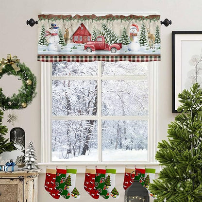 Vandarllin Christmas Valance Kitchen Curtains for Windows, Farm Red Truck Rod Pocket Valances Window Treatments Winter Holiday Snowman Short Curtains for Bedroom/Living Room, 54" X 18" -1 Panel