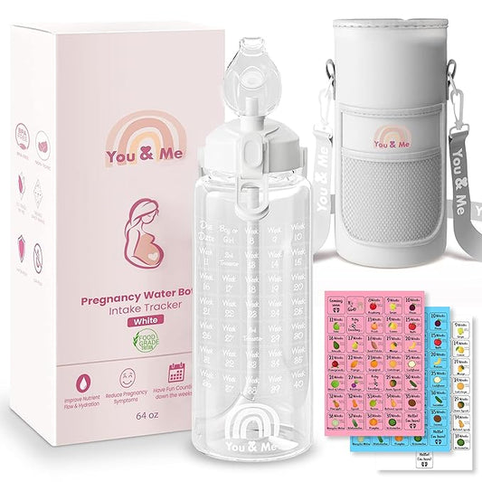 You & Me Pregnancy Water Bottle – 64oz Hydration Tracker with Milestone Stickers, Covered Straw Lid – Essential Gifts for Expecting Moms, BPA-Free, Includes Storage Sleeve