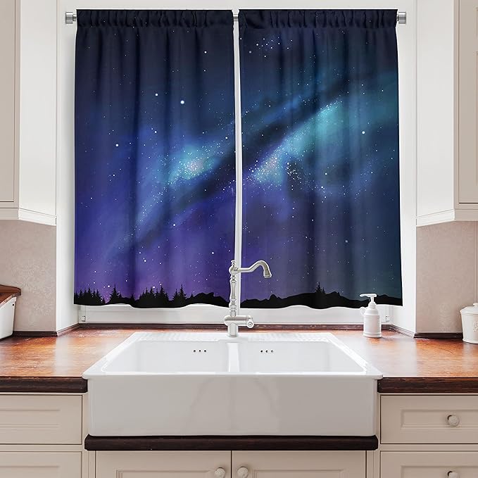 Ambesonne Night Long Kitchen Curtains, Milky Way Inspired Nebula Cluster Galaxy Cosmos Constellation, Two Panels Drapes with Rod Pocket Room Decor, 55" x 45", Blue Black