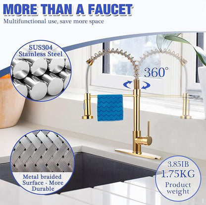 Utility Single Hole Kitchen Faucet with Pull Down Spray, Polished Gold