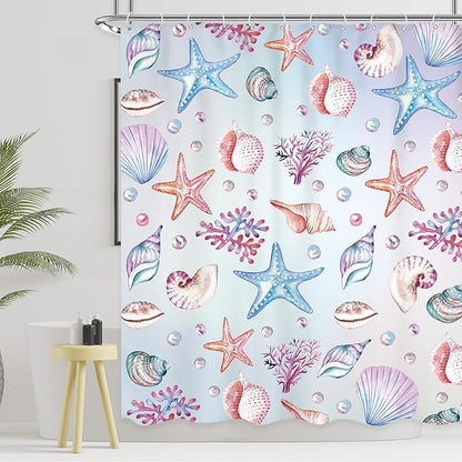 Starfish Seashell Shower Curtain 60Wx72L Inch Ocean Sea Underwater Coastal Nautical Marine Sealife Shower Curtain Bathroom Set Tropical Coral Plant Bath Curtain Bathtub Accessories Home Decor