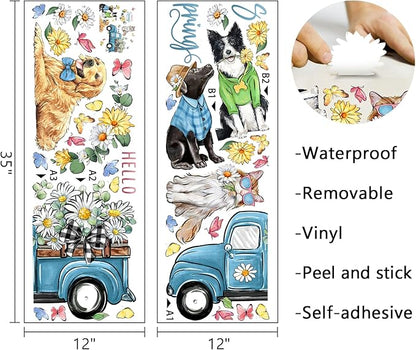 Mfault Hello Spring Dog Cat Wall Decals Stickers, Golden Retriever Puppy Kitty Blue Truck Daisy Flower Decorations Bedroom Art, Eucalyptus Leaves Butterfly Seasonal Home Kitchen Decor Party Supplies