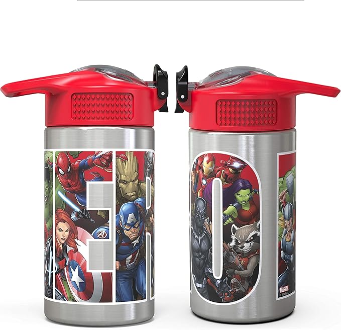 Zak Designs Marvel Universe - Stainless Steel Water Bottle with One Hand Operation Action Lid and Built-in Carrying Loop, Kids Water Bottle with Straw Spout is Perfect for Kids (15.5 oz, BPA Free)