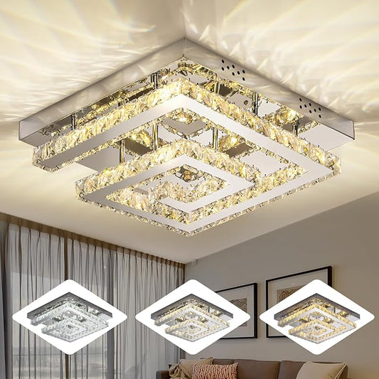 16" Modern Crystal Chandelier, Adjustable Led 3 Color Dimmable Ceiling Light 2 Layers Square Flush Mount Ceiling Lamp for Bedrooms Dining Rooms Living Room Kitchen Staircase Hallway(Dimmable)