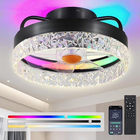 13in Flush Mount Ceiling Fan with RGB Light - Small Bladeless Ceiling Fan Light with Reversible Mute Motor, LED Dimmable, Low Profile Enclosed Ceiling Fans for Modern Indoor