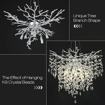 32 in Crystal Chandelier for Dining Room, Round Silver Tree Branches Chandeliers, Top K9 Crystal Chandelier, Modern Chandeliers for Kitchen,Foyer Entryway,Luxury Adjustable Hanging Chandelier