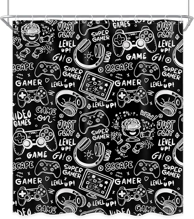 Black White Funny Gaming Shower Curtain Kids Gamer Video Games Cool Teens Monochrome Sketch Graffiti 60Wx72L Inch Bathroom Set Gamepad Bath Curtain Bathtub Accessories Home Decor