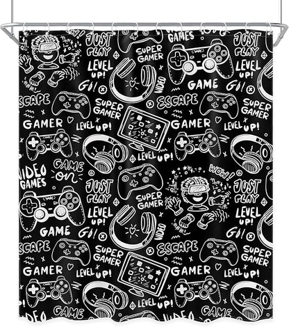 Black White Funny Gaming Shower Curtain Kids Gamer Video Games Cool Teens Monochrome Sketch Graffiti 60Wx72L Inch Bathroom Set Gamepad Bath Curtain Bathtub Accessories Home Decor