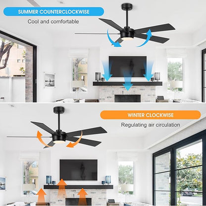 54" Ceiling Fan with Light and Remote Control, Modern Dimmable LED Light, 6-Speed Noiseless Reversible DC Motor, 5 Plywood Ceiling Fan for Kitchen Bedroom Living Room Black