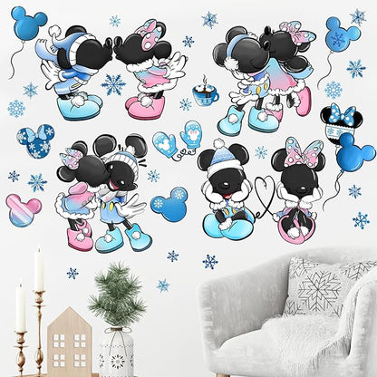 Mfault Cartoon Mouse Winter Wall Decals Stickers, Blue Snowflake Balloon Glove Hot Cocoa Decorations Bedroom Art, 2025 New Year Christmas Holiday Home Kitchen Decor Party Supplies