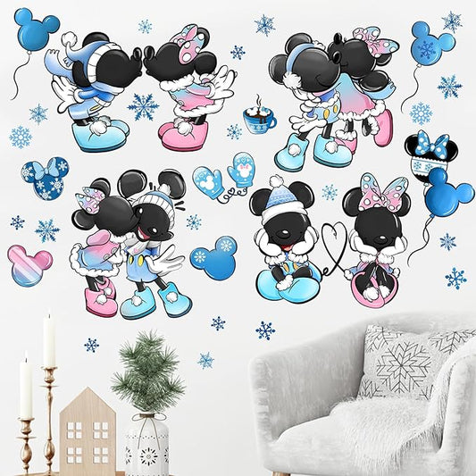 Mfault Cartoon Mouse Winter Wall Decals Stickers, Blue Snowflake Balloon Glove Hot Cocoa Decorations Bedroom Art, 2025 New Year Christmas Holiday Home Kitchen Decor Party Supplies