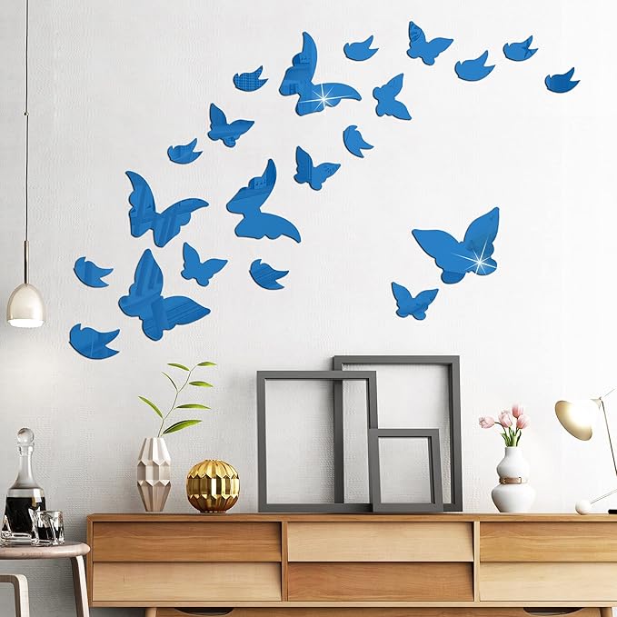 Amaonm New Desgin Creative 21 PCS Removable Crystal Acrylic Mirror Butterfly Wall Decals Fashion DIY Home Decorations art Decor Wall Stickers Murals for Girls Kids Nursery Room Bedroom Living room Door Bathroom (Blue)