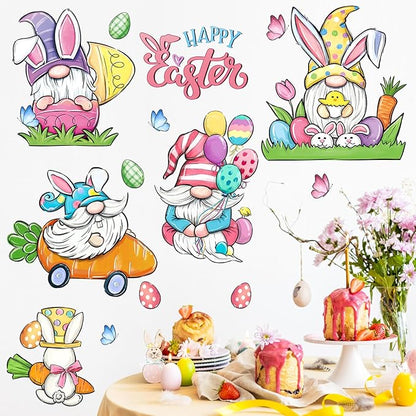 Mfault Happy Easter Bunny Gnome Wall Decals Stickers, Rabbit Eggs Carrot Balloon Decorations Bedroom Art, Chick Butterfly Home Kitchen Decor Party Supplies