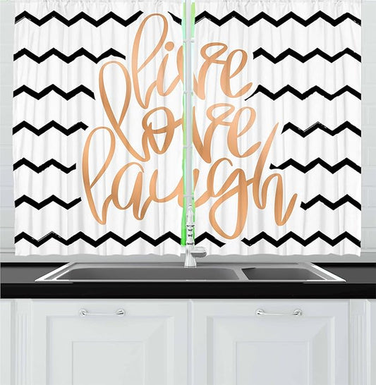 Ambesonne Live Laugh Love Kitchen Curtains, Motivational Calligraphic Artwork with Zigzags Chevron Stripes, Window Drapes 2 Panel Set for Kitchen Cafe Decor, 55" x 24", White Peach